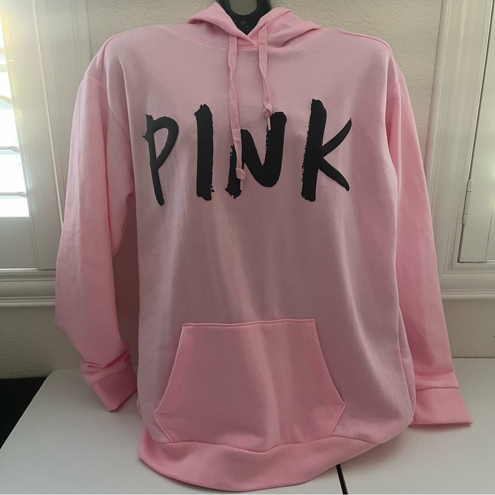 Victoria's Secret Pink Campus Long Sleeve Hoodie Daisy Pink with Black Logo.NWT